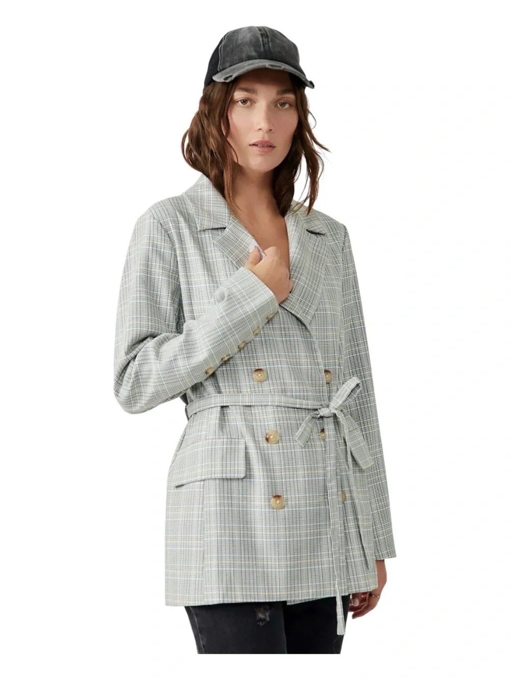 Free People Olivia Light Gray Plaid Double-Breasted Blazer | Relaxed Menswear